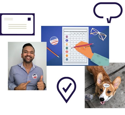 collage de imágenes de tres fotos de votantes de la Ciudad de Nueva York con sus stickers de "I Voted" y burbujas de discurso e iconos de NYC Votes
