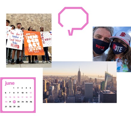 collage de imágenes de dos fotos de votantes de la Ciudad de Nueva York con sus stickers de "I Voted", una foto aérea de Manhattan en la que se ve el Empire State Building y burbujas e iconos de NYC Votes